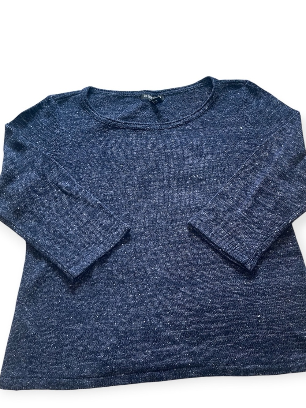 Eileen Fisher Silk Knit 3/4 Sleeves Lightweight Boxy Textured Navy Sweater